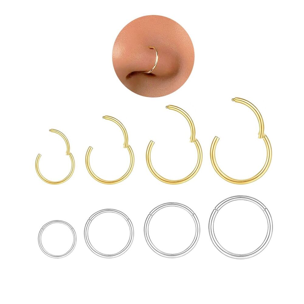 Hypoallergenic Nose Rings Hoops Set for Women Men: 8Pcs 18G Gold/Silver 316L